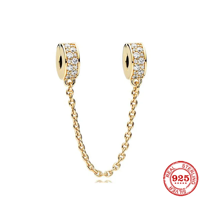 925 Silver Plated Sparkling Pattern Safety Chain Dangle Golden Charm Beads Fit Original Pandora Bracelet DIY For Women Jewelry