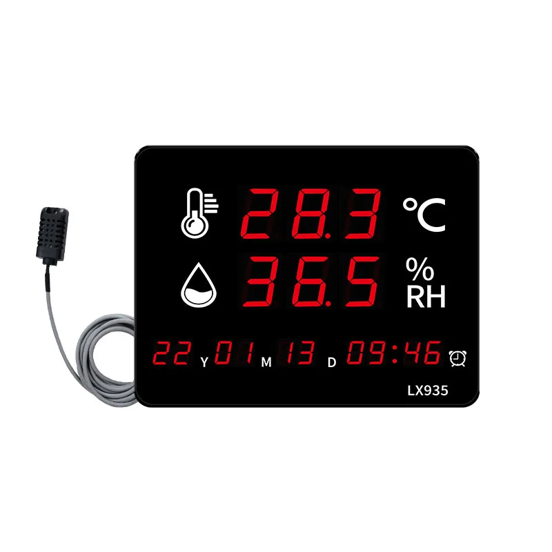 

Digital thermometer temperature and humidity meter home clock wall mounted alarm LED display with probe industrial large screen