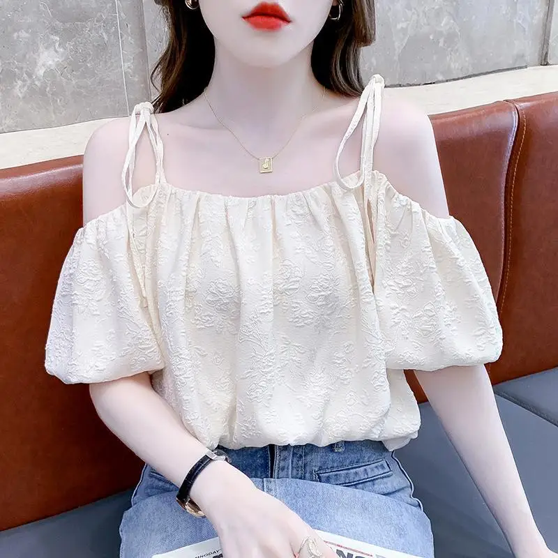 2024 New Summer Fashion England Sweet Slash Neck Solid Color Printed Bandage Loose Camissole Short Sleeve Women\'s Chiffon Tops