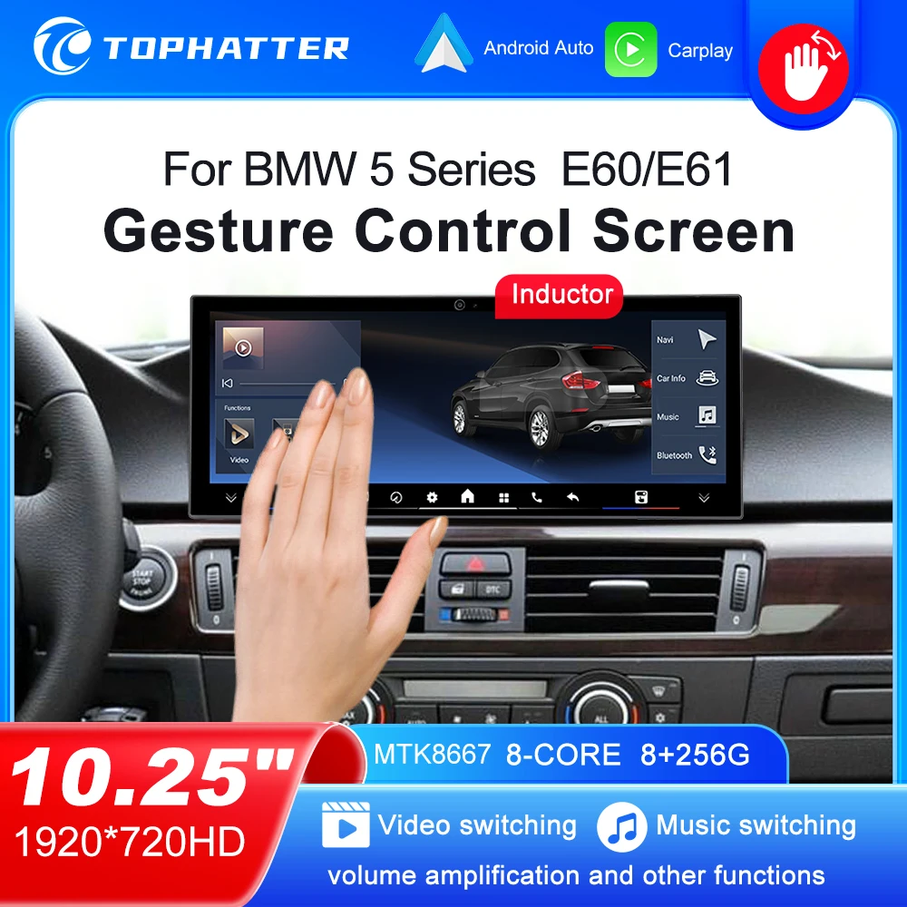 2025 Nieuwe Autoradio 10.25 inch Gebaar Controle Scherm Voor BMW 5 Serie E60 E61 CCC CIC Multimedia Draadloze Android auto GPS DSP BT