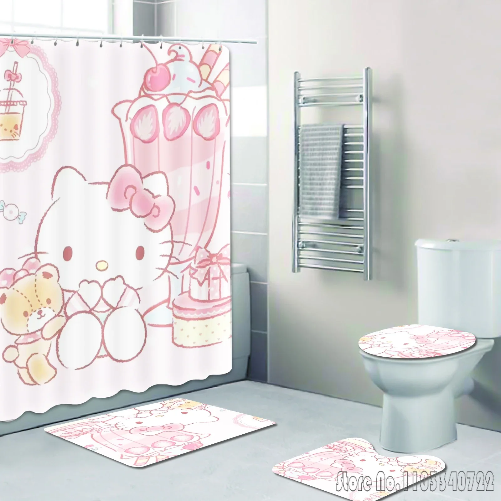 Sanrio Hello Kitty Cartoon Bath Shower Curtain Set 4pcs with Hooks Waterproof Bathroom Toilet Mat Lid Decor