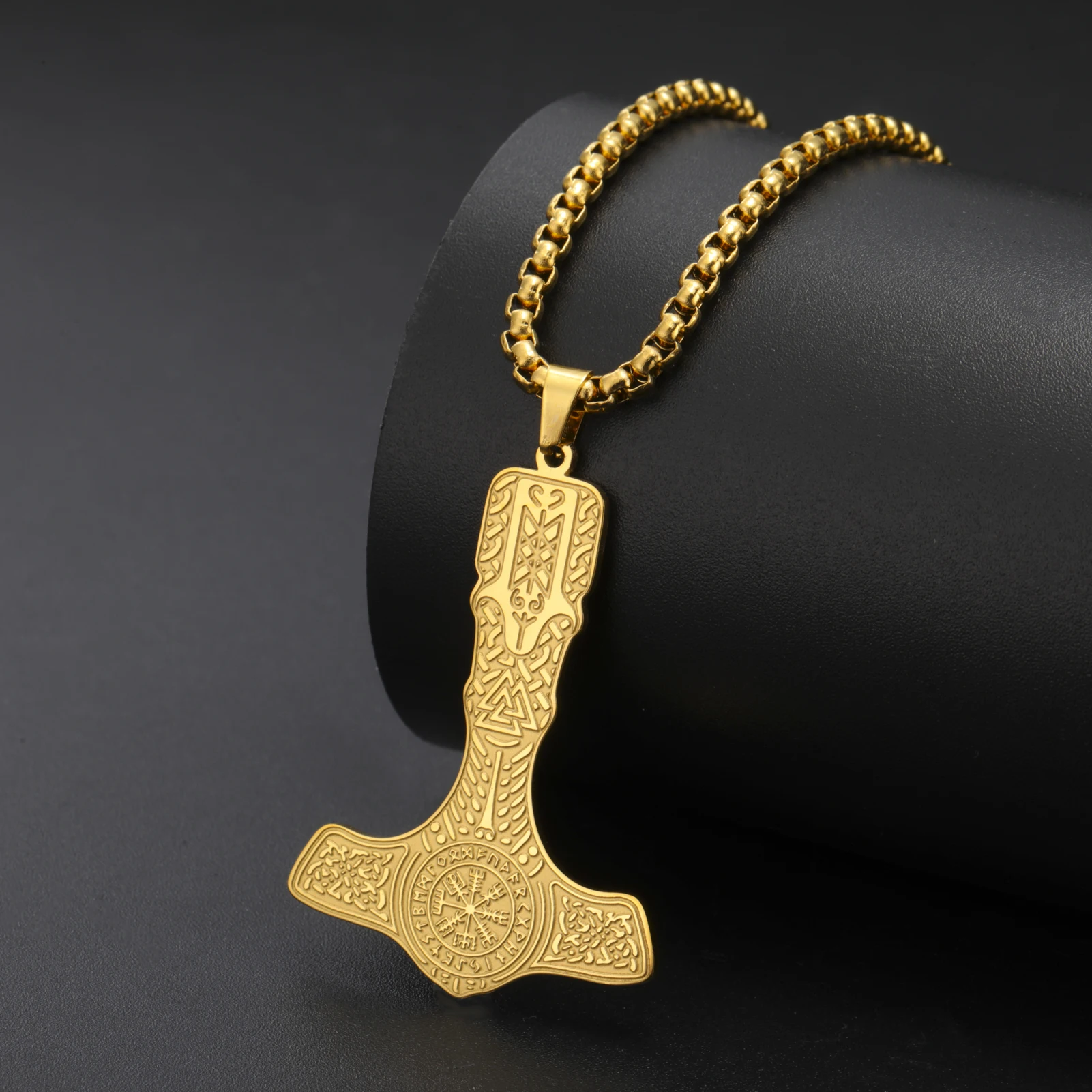 1PC Thor Hammer Necklace Stainless Steel Gold Compass Pendant Retro Hip Hop Street Necklace Fashion Men Jewelry Birthday Gifts