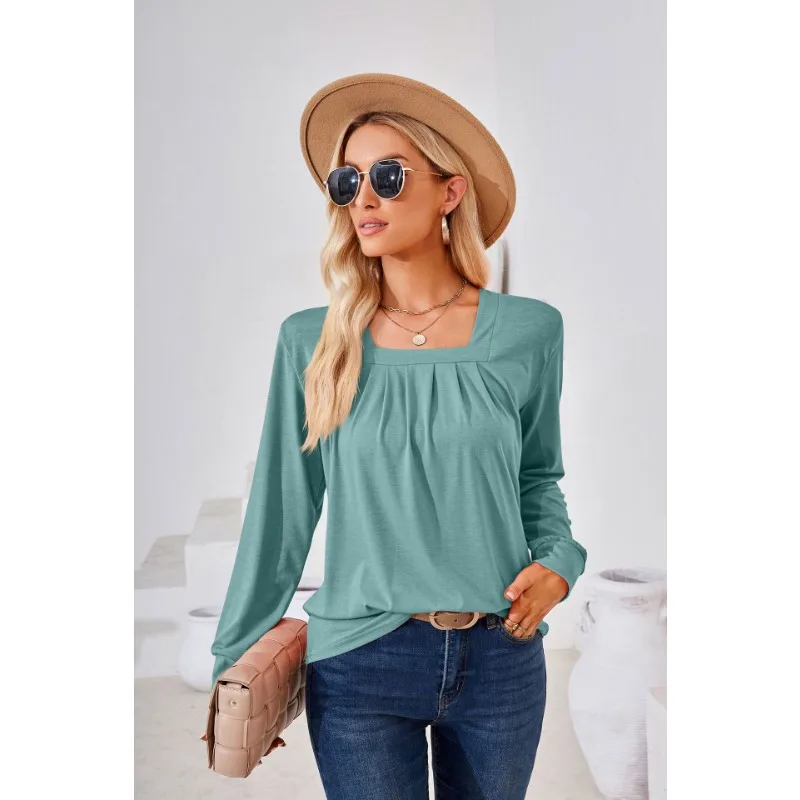 2023 New Autumn and Winter Square Neck Long Sleeve T-shirt Women's Solid Color Bottom Top Women's Casual Loose Pullover