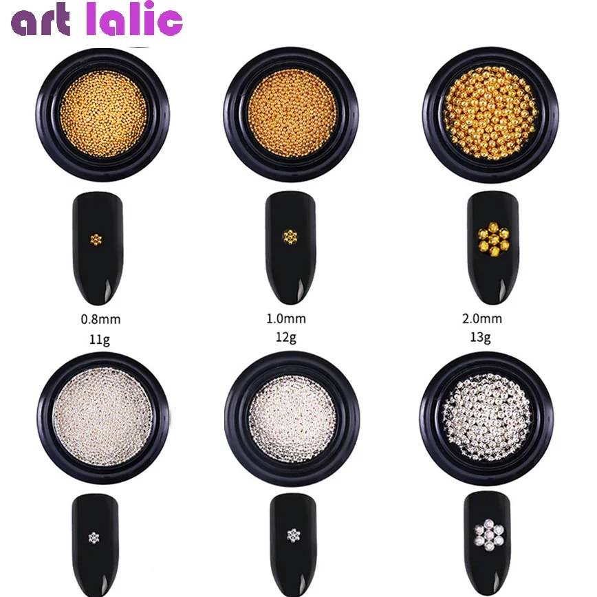 Mini bola de aço arte do prego ouro prata micro contas 3d caviar decoração manicure 0.8mm 1mm 2mm para diy artesanato jóias fazendo