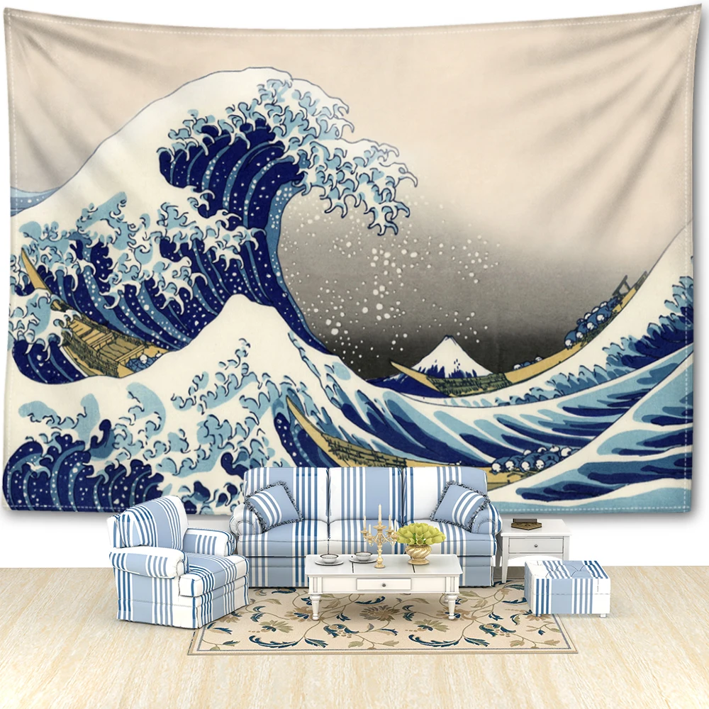 Wave Kanagawa Wave Printed Tapestry Simple Style Decorative Tapestry Wall Hanging Art Wall Hanging Decoration