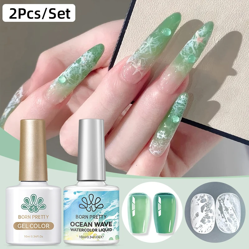 BORN PRETTY 1/2 Stück Ozeanwellen-Aquarell-Flüssiggel-Nagellack-Set Weißer Aquarell-Lack für 3-Sekunden-Verlaufeffekt Sommer-Nägel – Detail 3