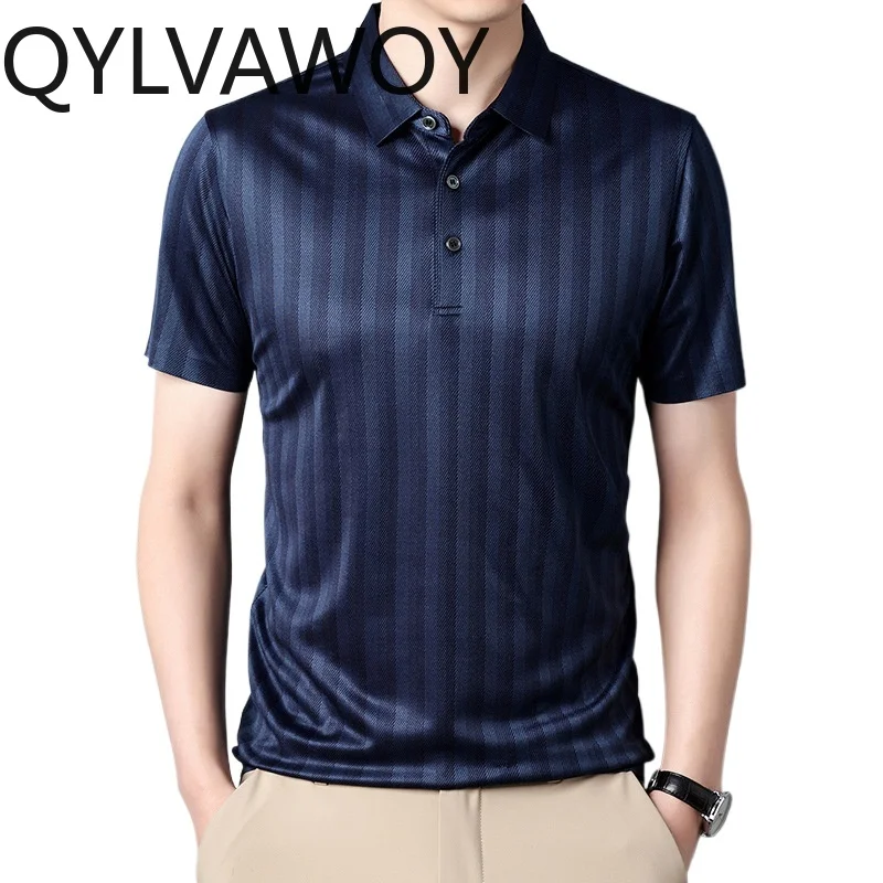QYLVAWOY Men's Polo Shirts Striped T Shirts for Man Summer Tops Man Clothes Short Sleeve Anti-wrinkle Shirt Camisas Masculina