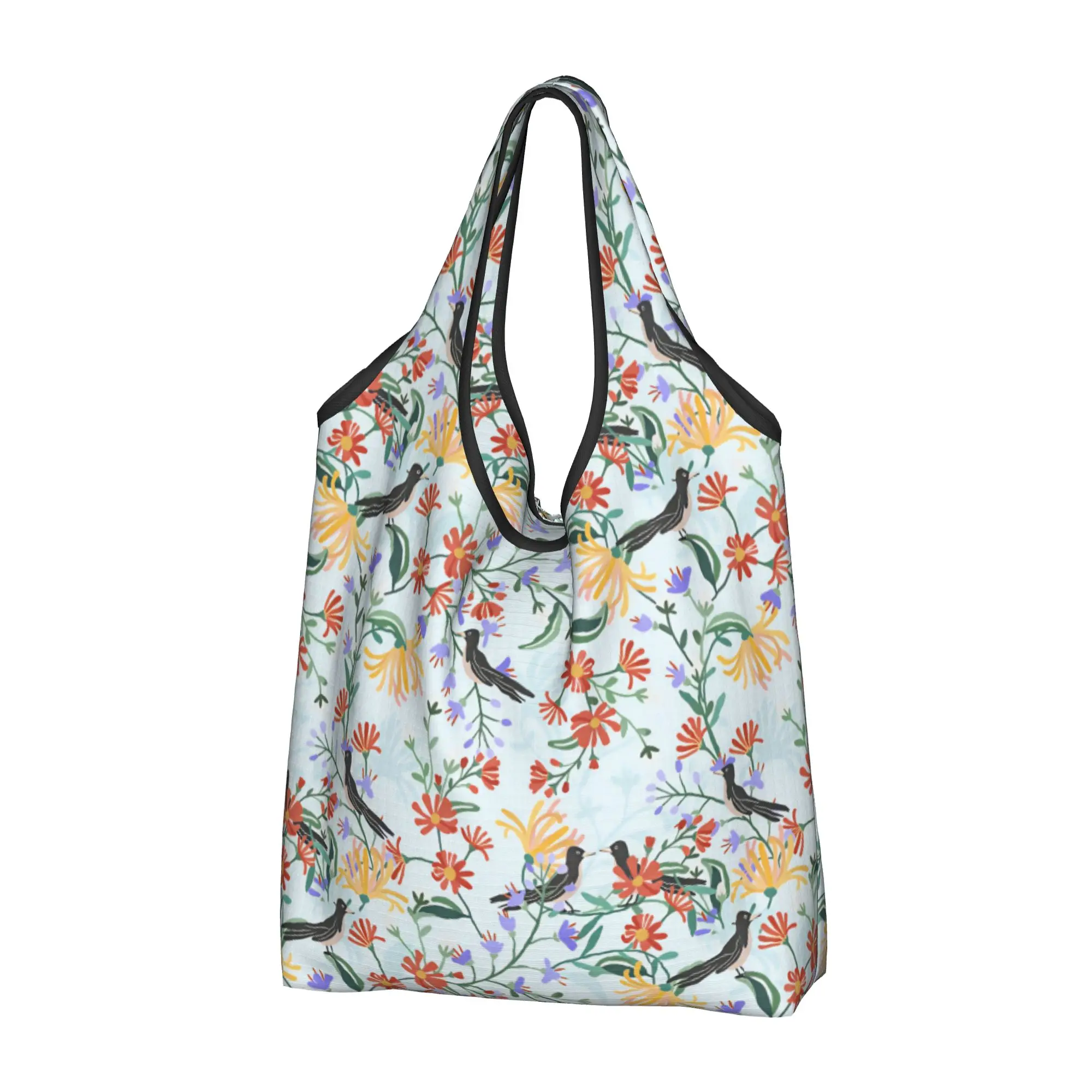 Cute Printing High Watercolor Birds And Plant Flowers Tote Shopping Bag Portable Shoulder Shopper  Handbag