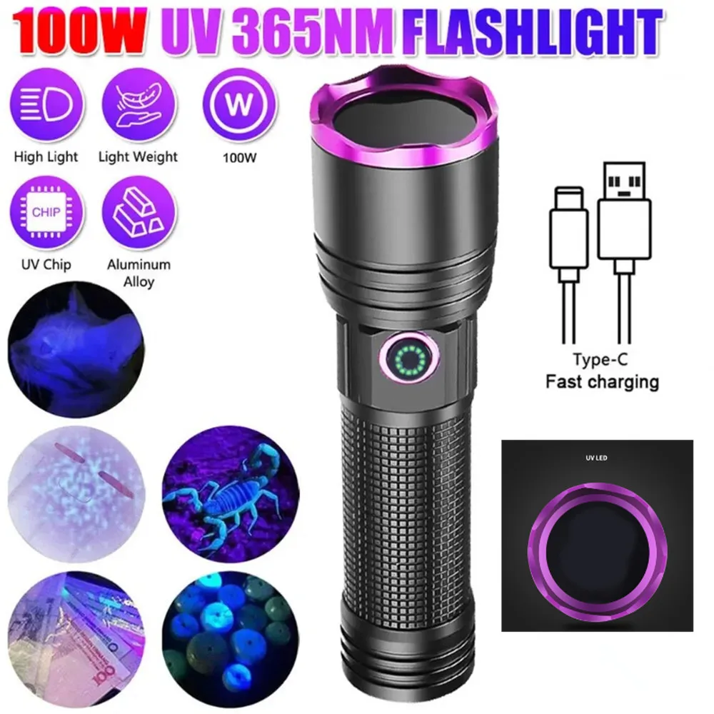 Powerful 365nm UV Flashlight Black Light Black Mirror Purple Light Detection Torch USB C Rechargeable Ultraviolet 26650 Lamp