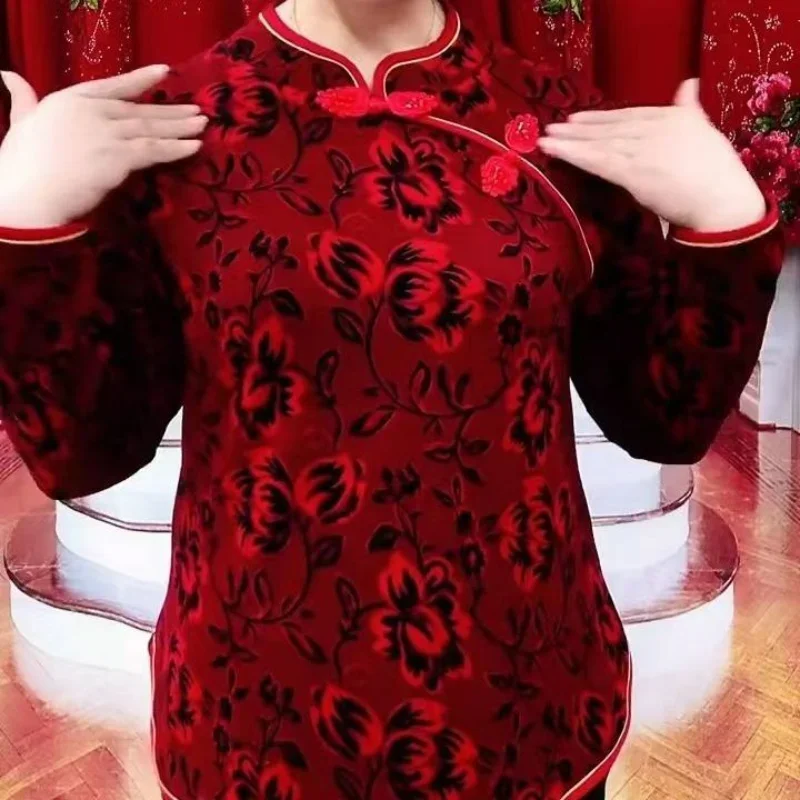 เสื้อยืดผู้หญิงสไตล์วินเทจ คอตั้ง ลายดอกไม้ แฟชั่นฤดูใบไม้ผลิและฤดูใบไม้ร่วง ทรงหลวม ใส่เป็นเสื้อตัวในหรือเสื้อตัวนอก แขนยาว สไตล์ลำลอง