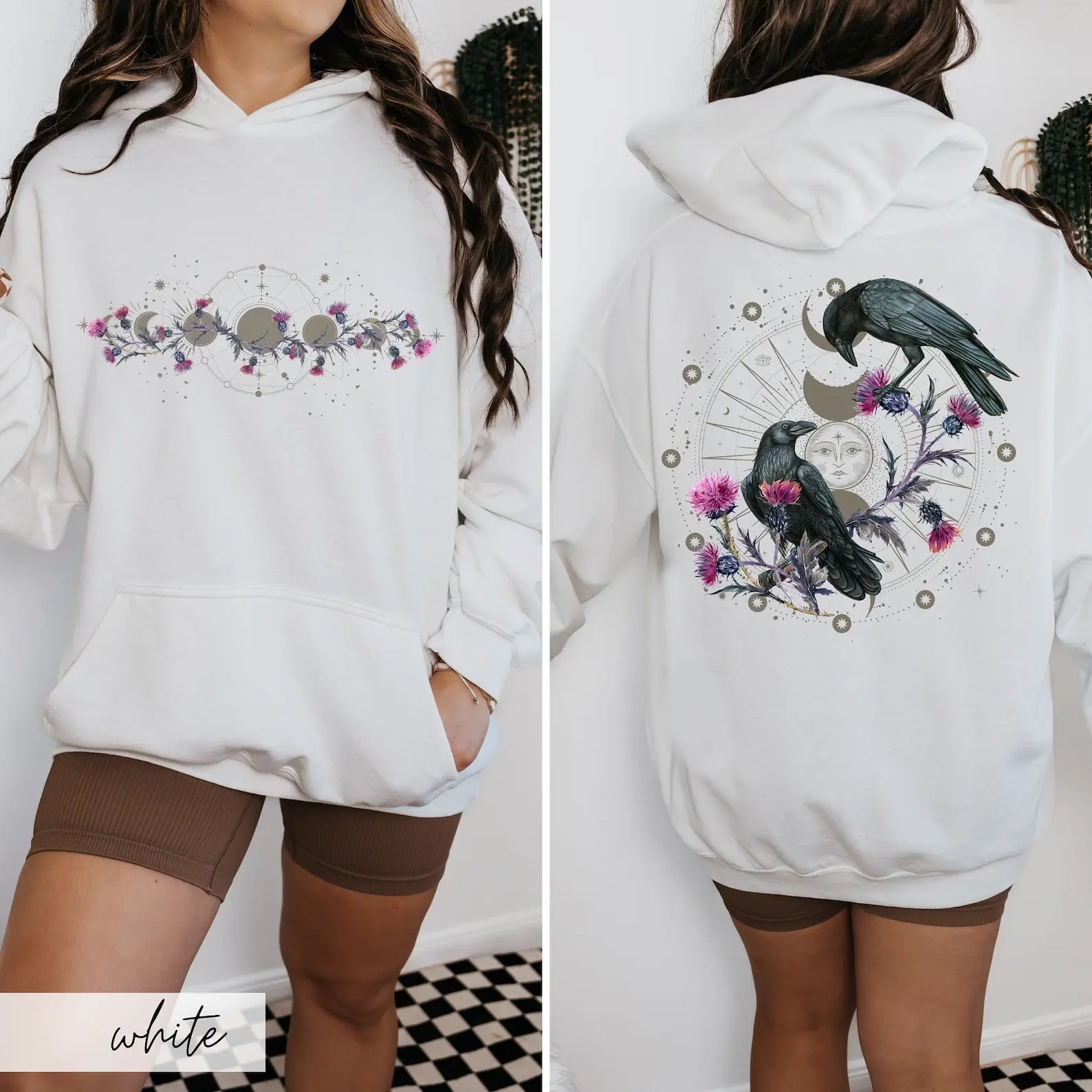 Unisex Y2K Loose Dark Academia Pullovers Vintage Celestial Ravens and Thistles Hooded Sweater Moon Phase Whimsigoth Crow Hoodie