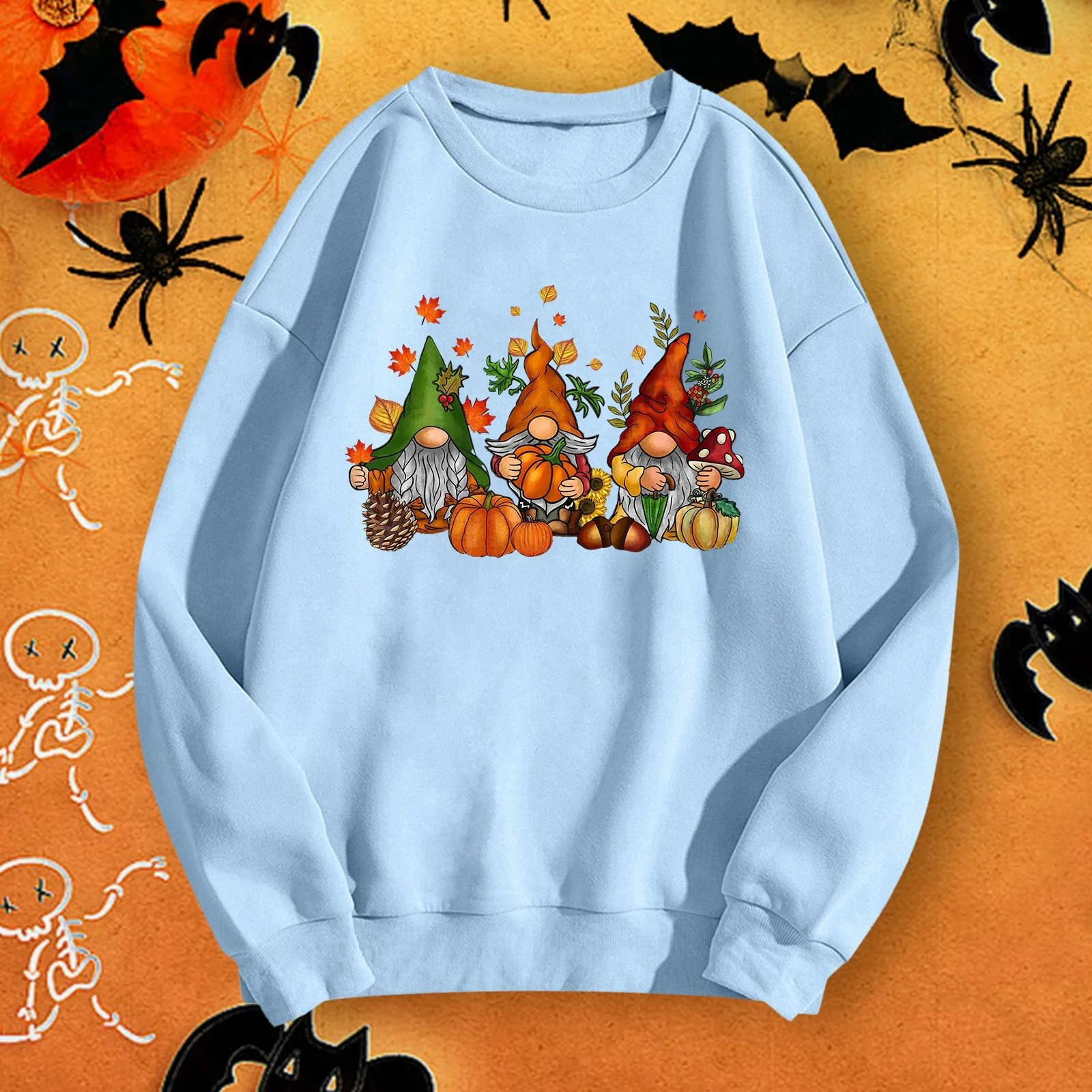 Women's Halloween Winter Simple Witch Holding Pumpkin Printed Crew Neck Long Sleeved Solid Color Hoodie Pullover Hoodie Top