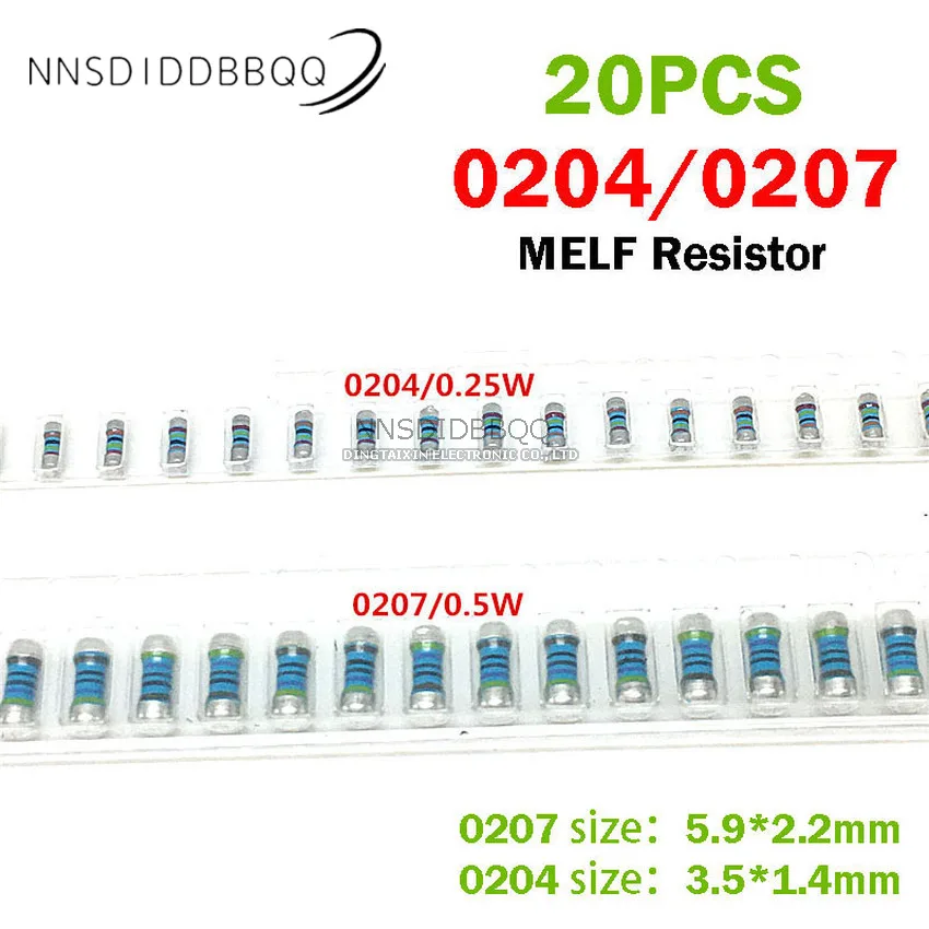 20PCS MELF Resistor 0207 0204 250K 499R 0R 249R 24.9R Accuracy 1% Cylinder Color Ring Metal Film Precision Resistor