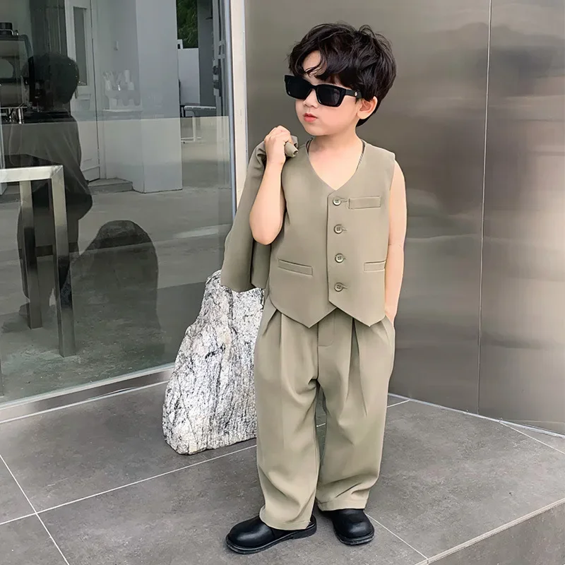 Suit for Boys Fashion V-neck Jacket Waistcoat Trousers 3 Piece Toddler Birthday Blazer Set Khaki Casual Children School Uniform