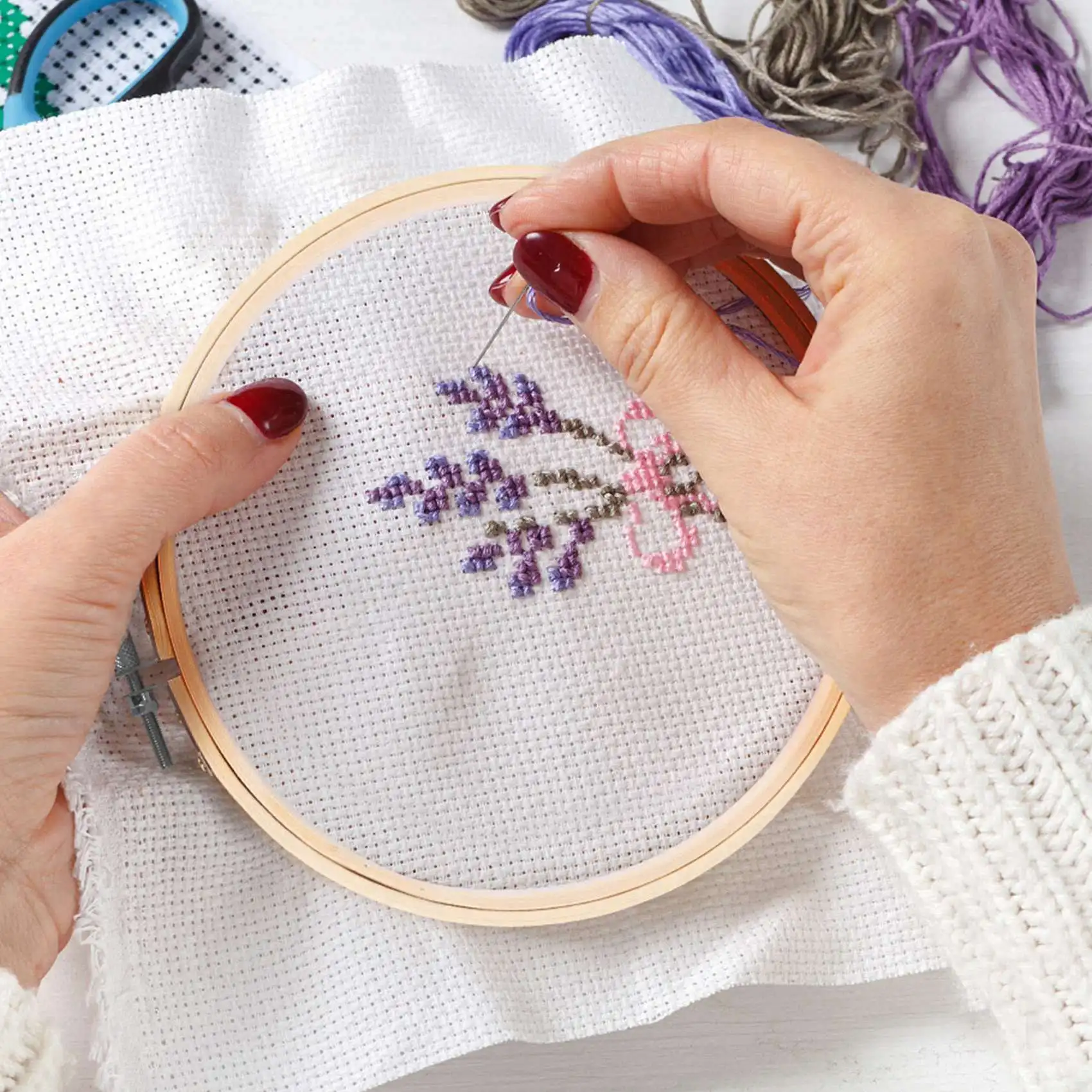 A06RP 12 قطعة 7 بوصة أطواق التطريز الخشبية السائبة الخيزران دائرة عبر غرزة هوب حلقة مستديرة للخياطة الفنية الحرفية اليدوية