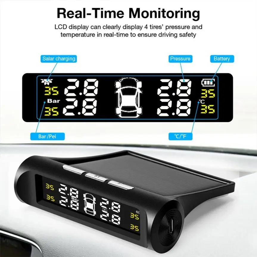 

Smart Car TPMS Tire Pressure Monitoring System Solar Power Digital TMPS LCD Display USB Auto Security Alarm Tire Pressure Sensor