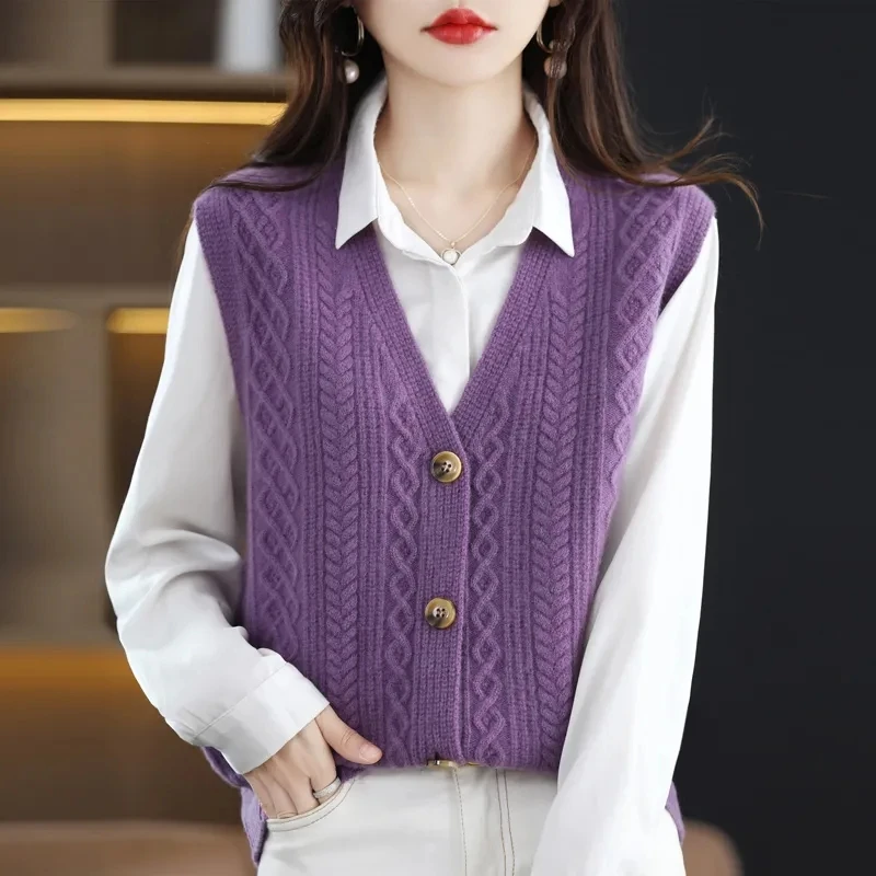 

Fashion Brief V-Neck Knitted Waistcoat Women's 2024 Spring Autumn New Sleeveles knitting Vests Female Sweater cardigan Tops