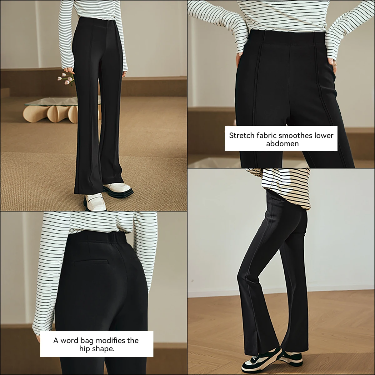 OLrain Black Knit Flare Pants for Women 2025 Summer Fashion Casual Simple Elastic Waist Full-length Trousers Women O23QK69081