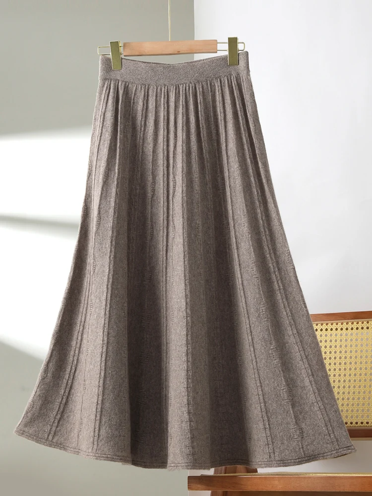 Grace Women’s A-Line Skirts 100% Merino Wool Knitwear Pleated Elastic Waist Vintage Cashmere Skirts Umbrella Dress Autumn Winter