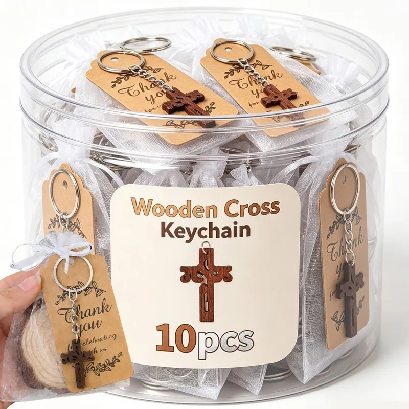Wooden Cross Bulk Religious Keychain Natural Pocket Prayer Pendants Christian Church Ornaments Decor for Easter Gift Faith
