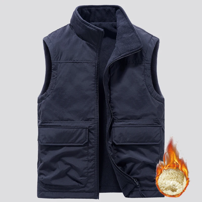 

6XL Mens Double-sided Camping Vests Warm Fleece Multi-pocket Utility Casual Tactical Outerwear Outdoor Hiking Cargo Cotton Vests