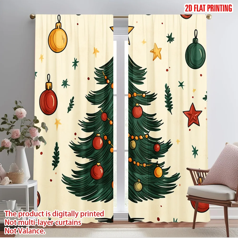 2pcs,2D plane printing Pattern Curtains Christmas Tree Baubles Festive_a (2) Versatile Polyester (without rod) Art Deco Festive