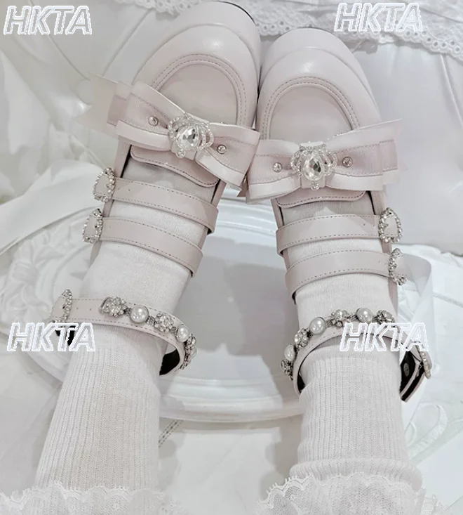 Japanese Style Shallow Bow Love Rhinestone Platform Pumps Women Mine Sweet Cute Mass Production Black Shoes Girl Leather Shoes