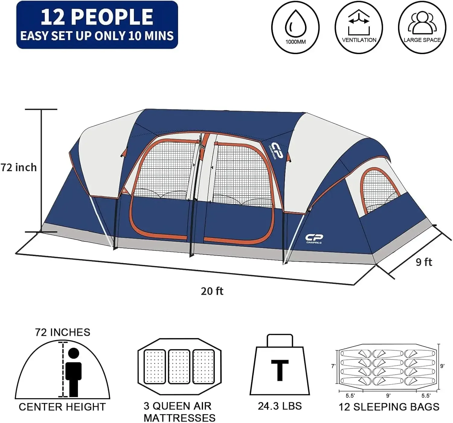 Tent 12-Person-Camping-Tents,3 Room Family Tents,Waterproof Windproof Family Tent with Top Rainfly,6