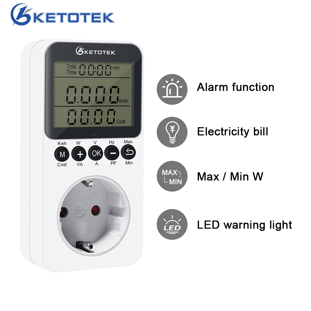 Digital LCD AC Power Meter Wattmeter Socket Wattage Kwh Watt Energy Meter Measuring Outlet Power Analyzer Cost Overload Alarm