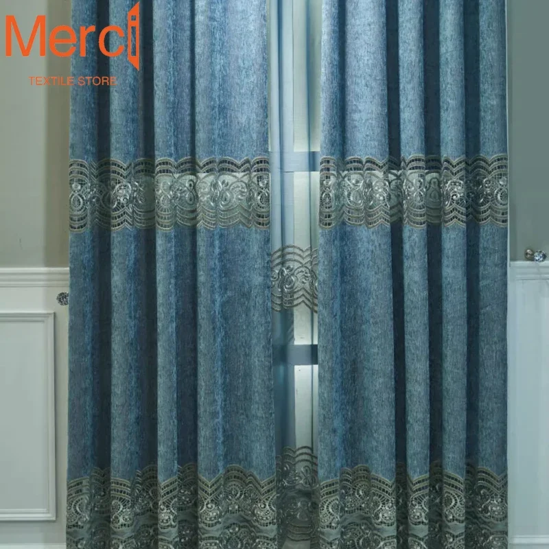 European Style New Embroidered Chenille Curtains Water-soluble Hollow Villa Curtains for Living Dining Room Bedroom Custom