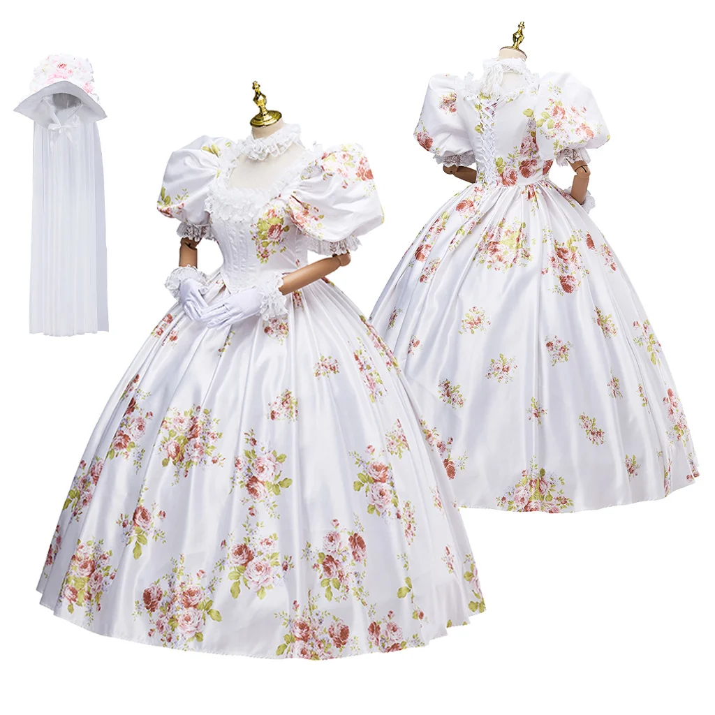 

Викторианское готическое белое кружевное платье со шляпой и перчатками, комплект исторической гражданской войны, вечернее платье принцессы, маскарадное парадное вечернее платье