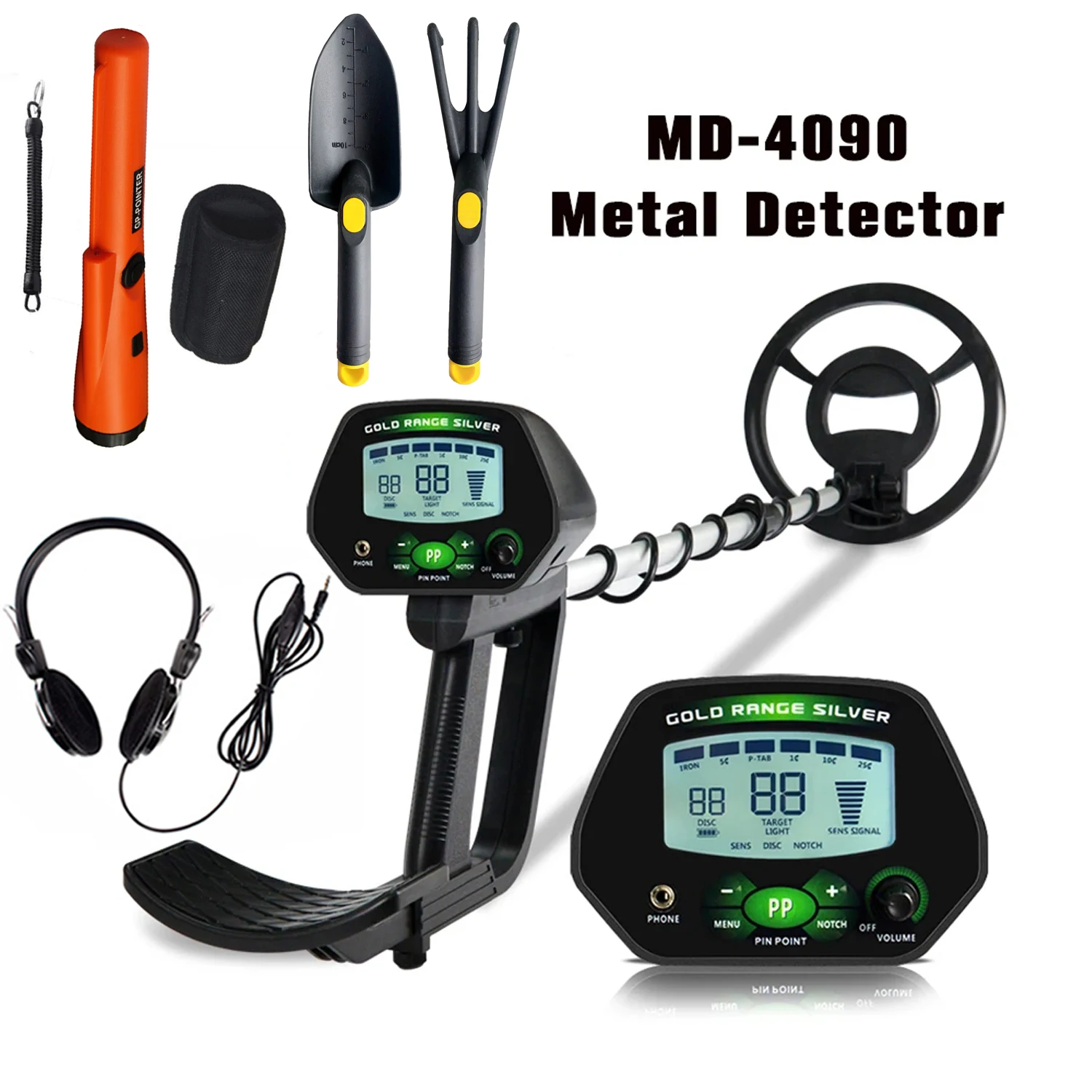 Metal Detector MD4090 for Adults with 10''IP68 Waterproof  High Accuracy Search Coil , All Metal & Disc & Notch & Pinpoint Modes