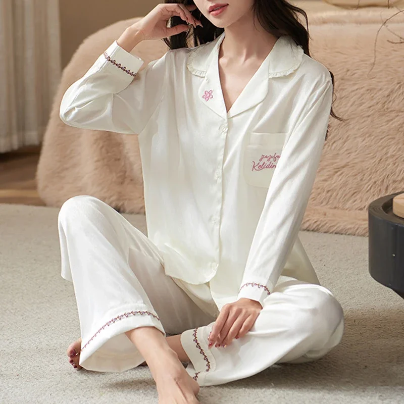 

Female Long Sleeve Trouser Pajamas Set Spring Autumn Satin Sleepwear Loungewear Sexy Intimate Lingerie Casual Ice Silk Homewear