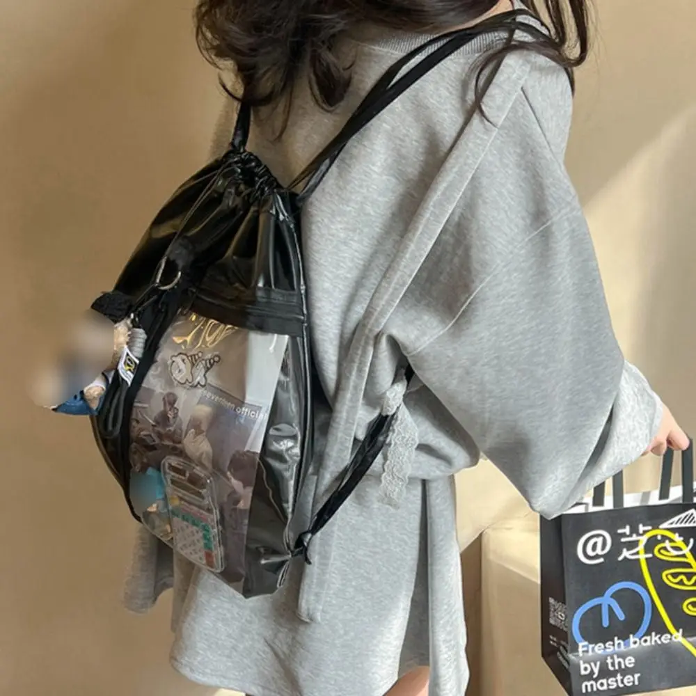 

Transparent Pocket Drawstring Backpack Silver PU Lightweight Korean Style Itabag Large Capacity Fashion Design Shoulder Bag