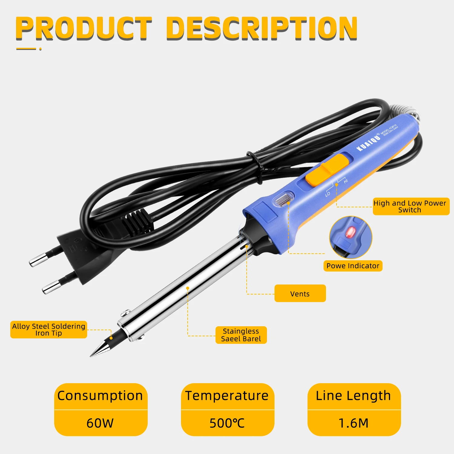 KQ-816 60W Soldering Iron 220V Electronic Welding Equipment Adjustable Power EU Plug Electric Tin Welder 520℃ Max Solder Tools