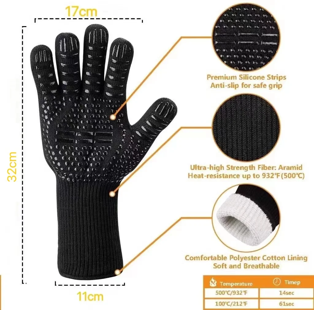 BBQ Gloves Silicone Heat-Resistant Glove Kitchen Microwave Oven Mitts 500 800 Degree Fireproof And Non-Slip Barbecue Gloves