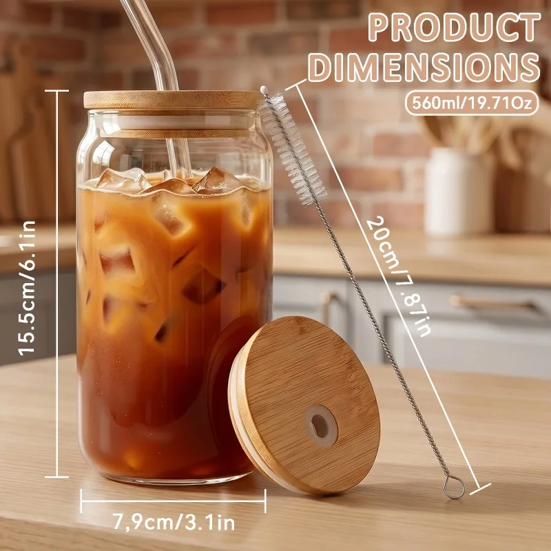 6/8 Pack Glass Cups with Bamboo Lids and Glass Straws, Can Shaped Glass Drinking Jars, Iced Coffee Glasses Tumbler with Cleaning Brush & Stickers, Reusable Beer Soda Juice Water Cup for Home Party
