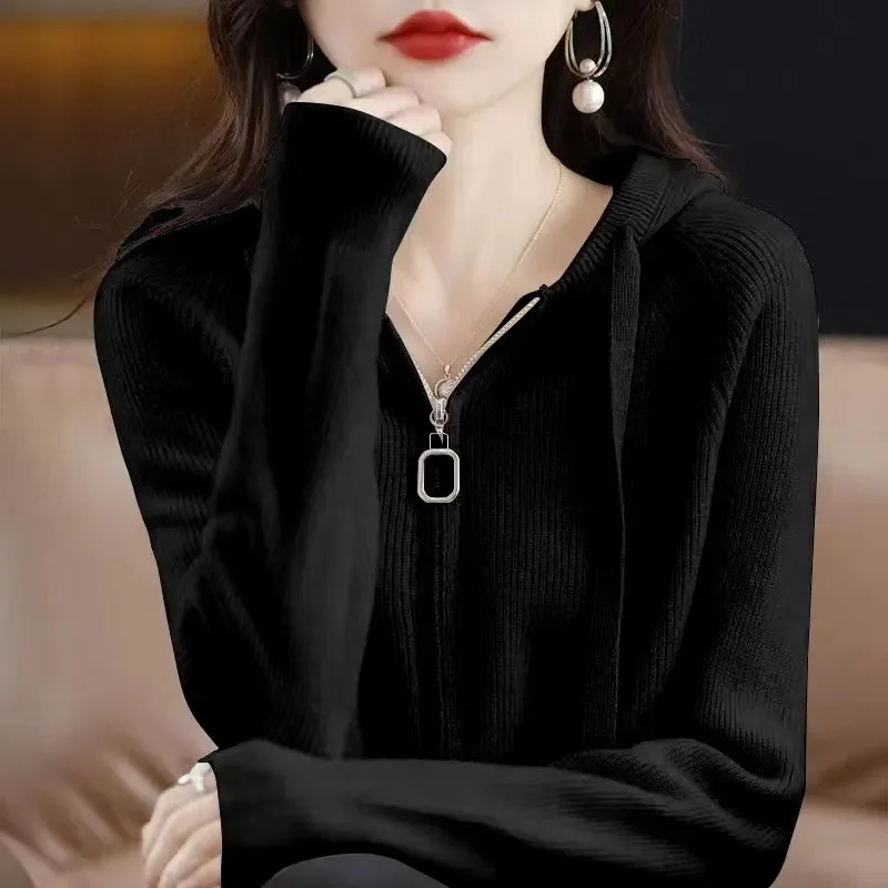 

Autumn Winter Ladies Hooded Sweater Coat 2025 Women Leisure Fashion Solid Color Cardigan Knit Korean Female zipper Knitted Tops