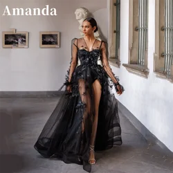 Amanda Handmade 3D Flower Embroid Wedding Dress Black Perspective فساتين السهرة Sexy Side High Split Vestidos De Noche