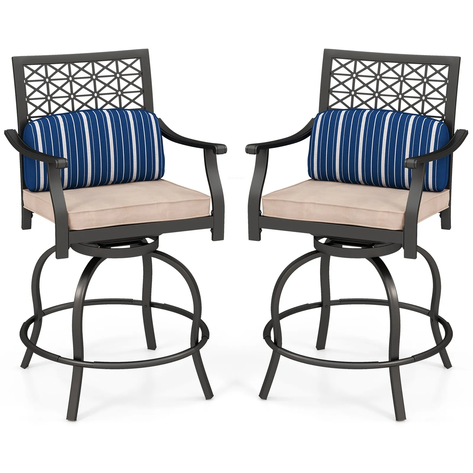 Set of 2 Patio Swivel Bar Stool Chairs Cushioned Pillow Armrest Rocking