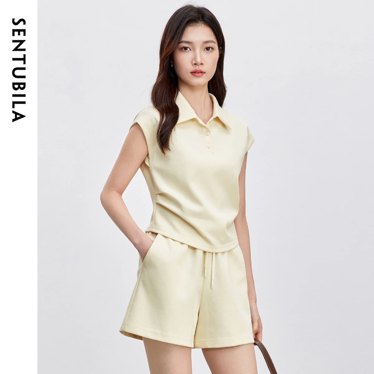 

SENTUBILA 2 Piece Sets Woman Outfit 2025 Fashion POLO Neck Folds Waist Tops A-line Solid Shorts New in Matching Sets 152Z59431