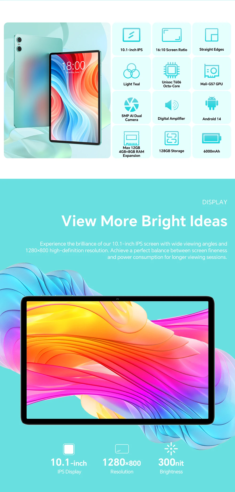 Teclast ODEA A10 Tablet for children, Widevine L1, 10.1 inches, 12GB(4GB+8GB) RAM, 128GB ROM, 8 cores, UNISOC T606, 1280x800, Android 14, Mali-G57, 6000mah, 5MP+2MP, Supports TF up to 1TB, GPS