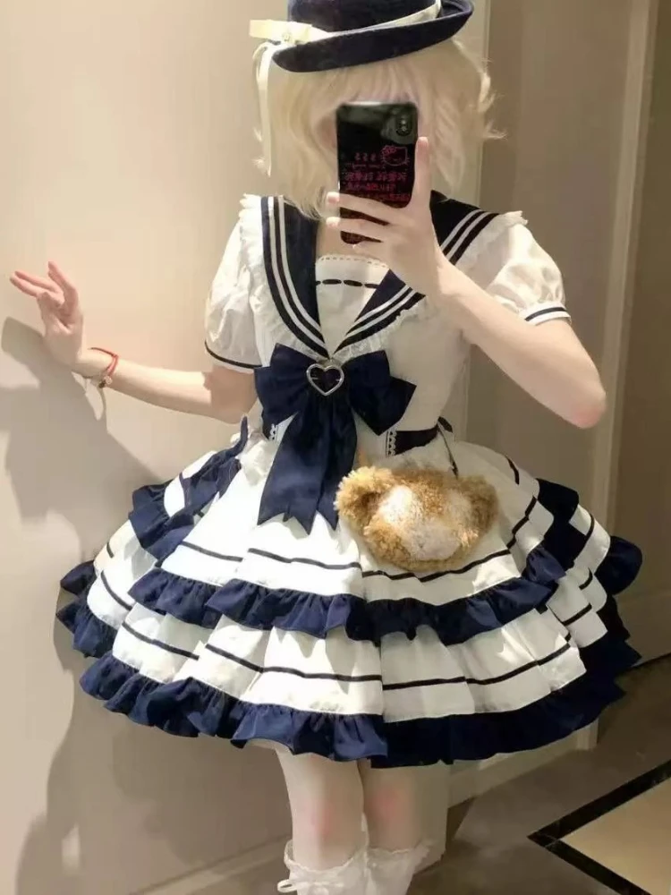 Sweet Cute Girl Navy Collar Short Sleeve Set Japanese Kawaii Lolita Style Lace Bow Dress Sets Sailor Collar Princess Party Dress image 3