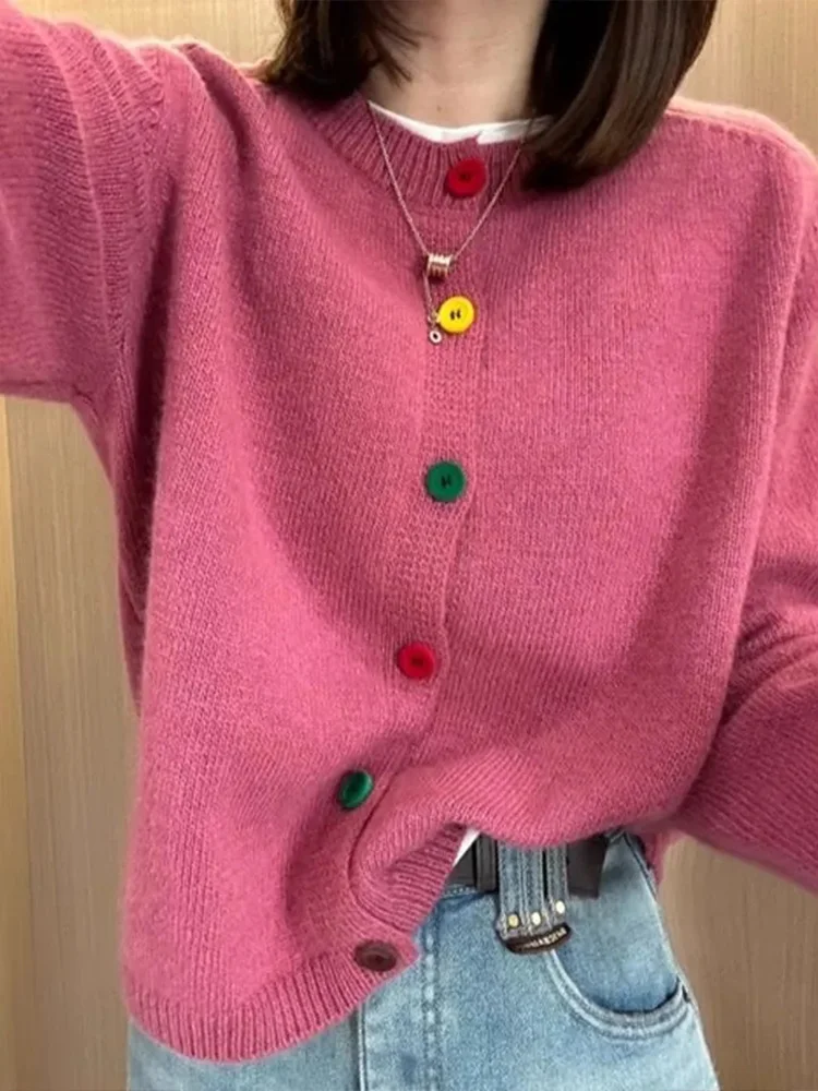 

Радужный круглый вязаный открытый кардиган на одной пуговице Ne, женский осенний новый розовый трикотаж Lazy Sle Moisture ng Long Sve