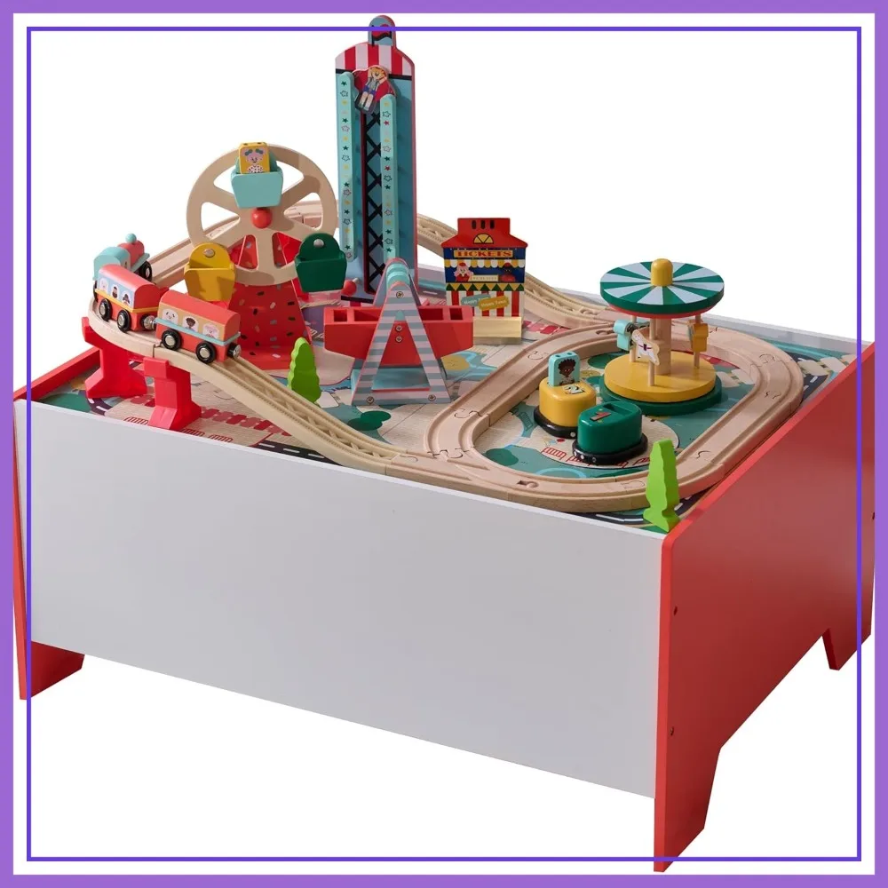 

Wooden Train Table - Carnival-Themed Playset with Ferris Wheel, Carousel & Track - Interactive Toy with Storage - Ages 3+