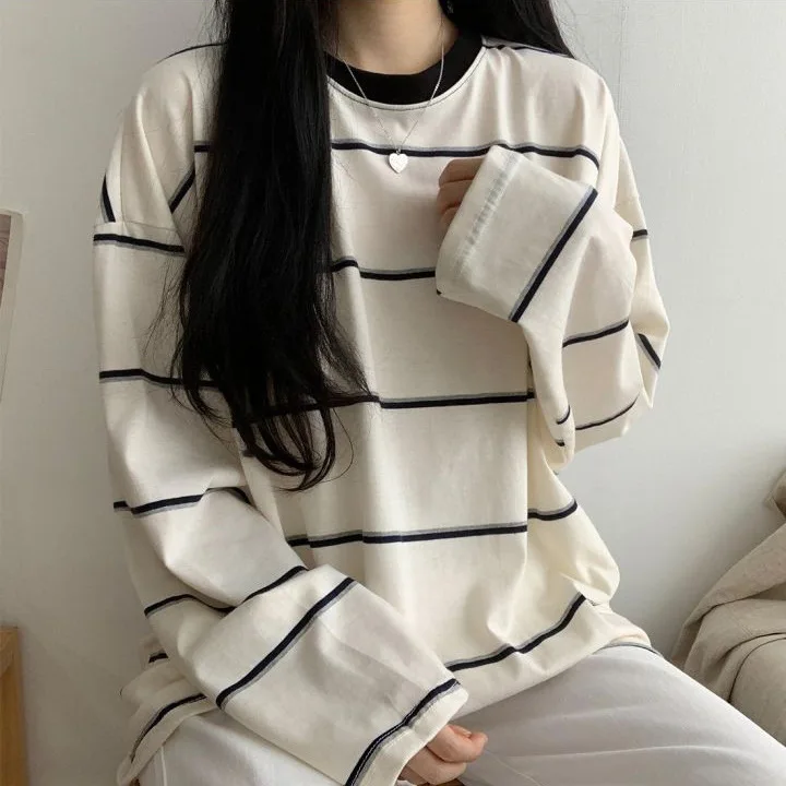 

T-shirts Women Students Striped Chic Streetwear Harajuku All-match Prevalent Long Sleeve Teens Top Unisex Camisetas Tender Tees