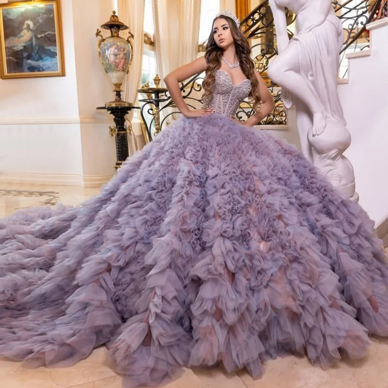 Deep Purple Quinceanera Dress off-shoulder crystal Lace ruffles Decal Long tail Vestidos De 15 Quinceanera ﻿Customize