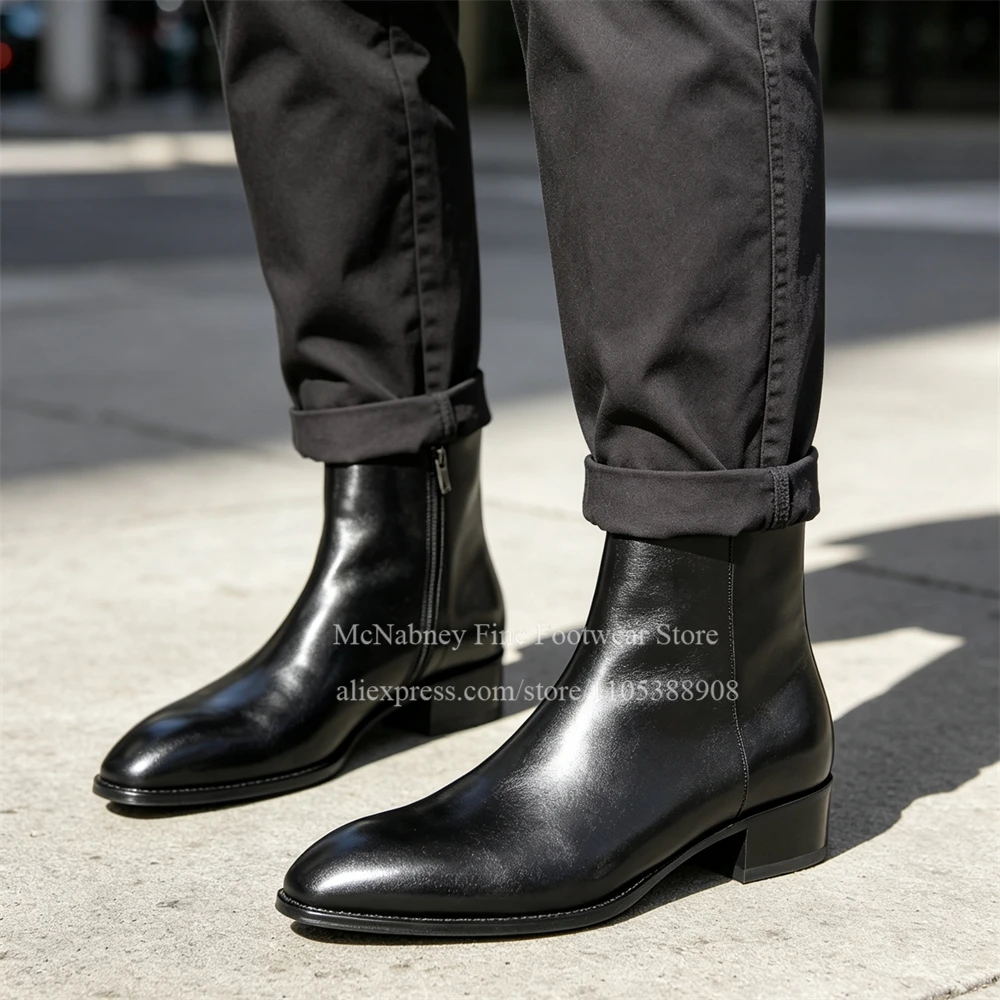Glossy Black Leather Pointed Toe Ankle Boots Low Block Heel Side Zipper Handmade Men Dress Boots Business Formal Shoes Plus Size