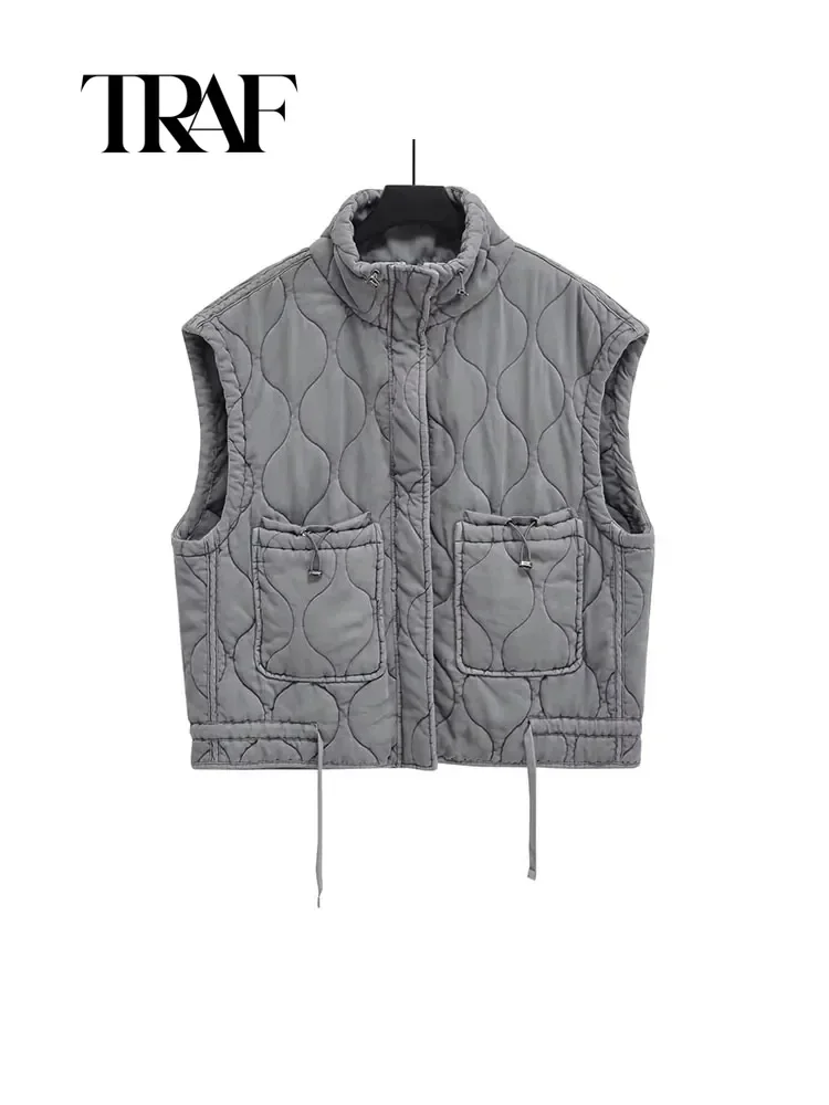 TRAF-chaqueta Bomber de algodón gris para mujer, abrigo holgado de manga larga con cuello redondo, ropa de calle femenina a la moda, Otoño e Invierno