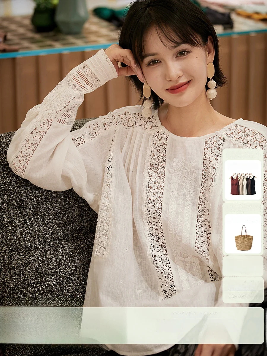 

Linen Lace Hollow out round Ne Loose Women's irt Summer Vaion Sle Breathable Moisture ng Color Top